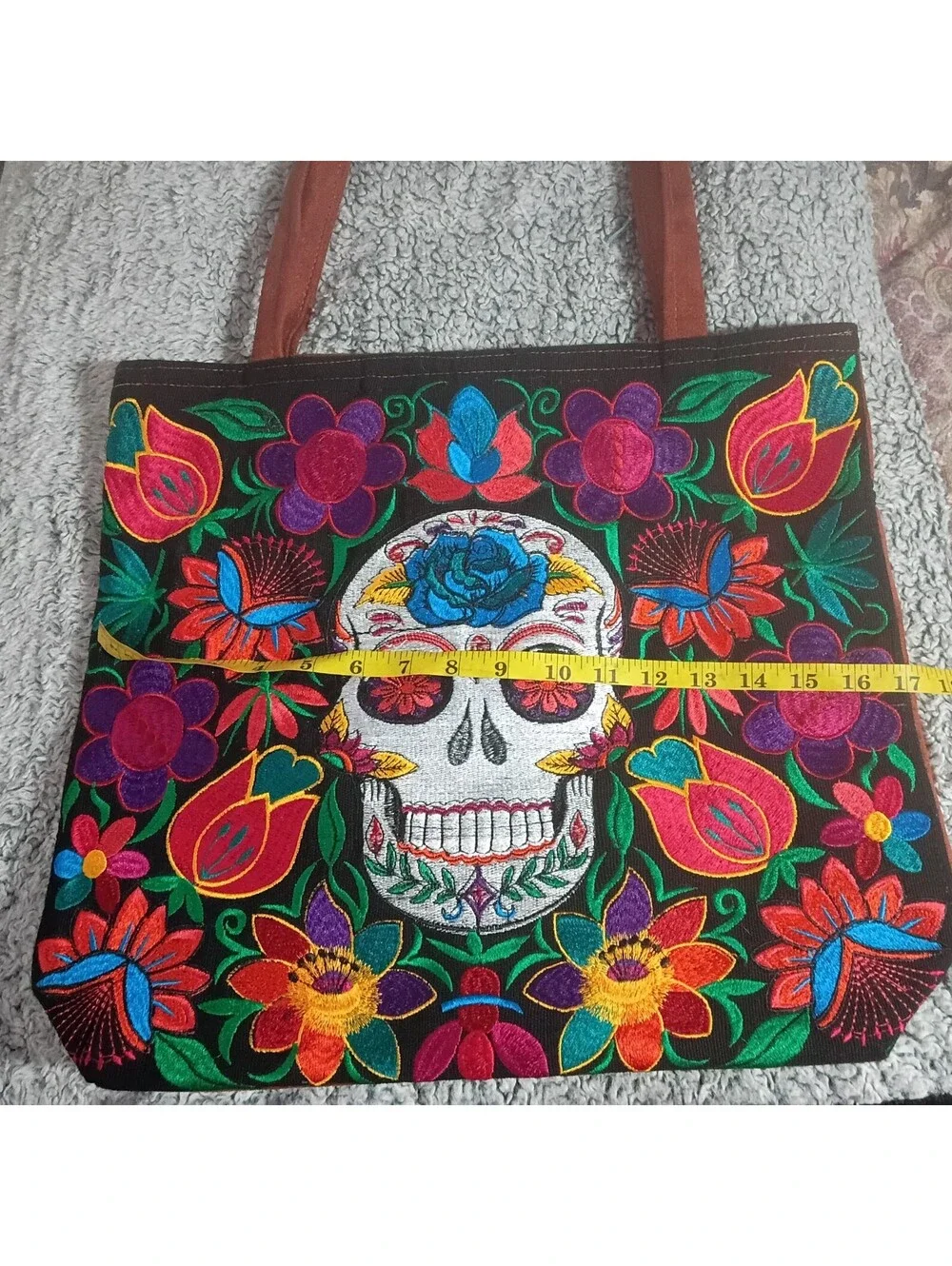 Colorful Embroidered Tote Bag with Floral and Skull Design
